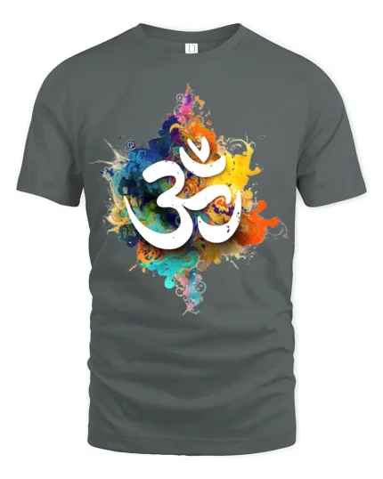 Spiritual Om Symbol T-Shirt Vibrant Color Splash Yoga Zen Tee for Mindfulness - gray t-shirt on white background