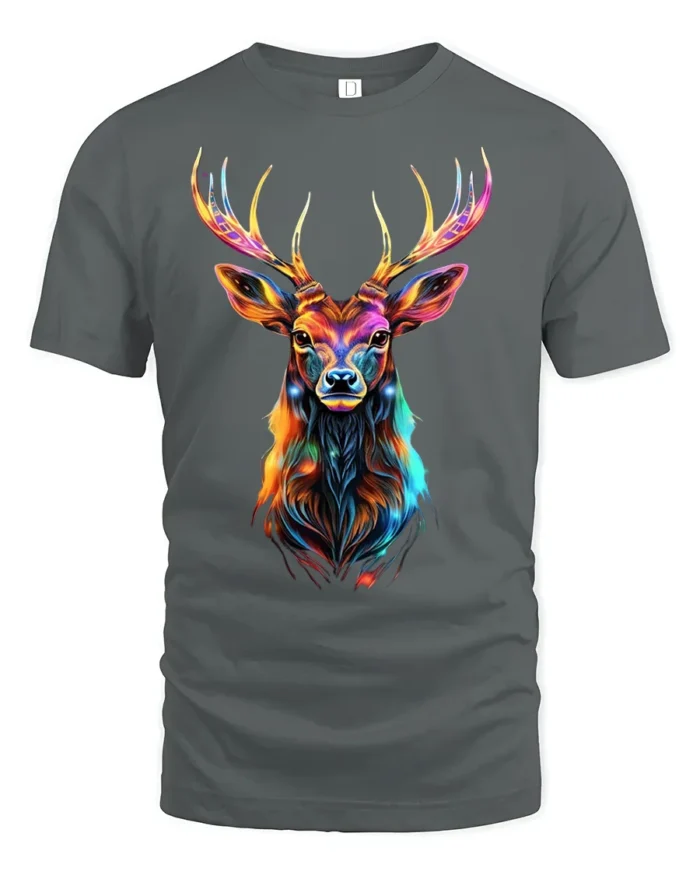 Vibrant Deer Antler T-Shirt Bold Animal Graphic Tee in Bright Rainbow Colors - gray t-shirt on white background