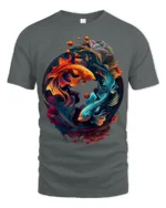 Colorful Yin Yang Fish T-Shirt  Artistic Koi Design Tee for Peace and Balance - gray t-shirt on white background