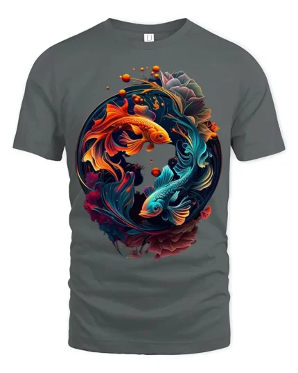 Colorful Yin Yang Fish T-Shirt  Artistic Koi Design Tee for Peace and Balance - gray t-shirt on white background