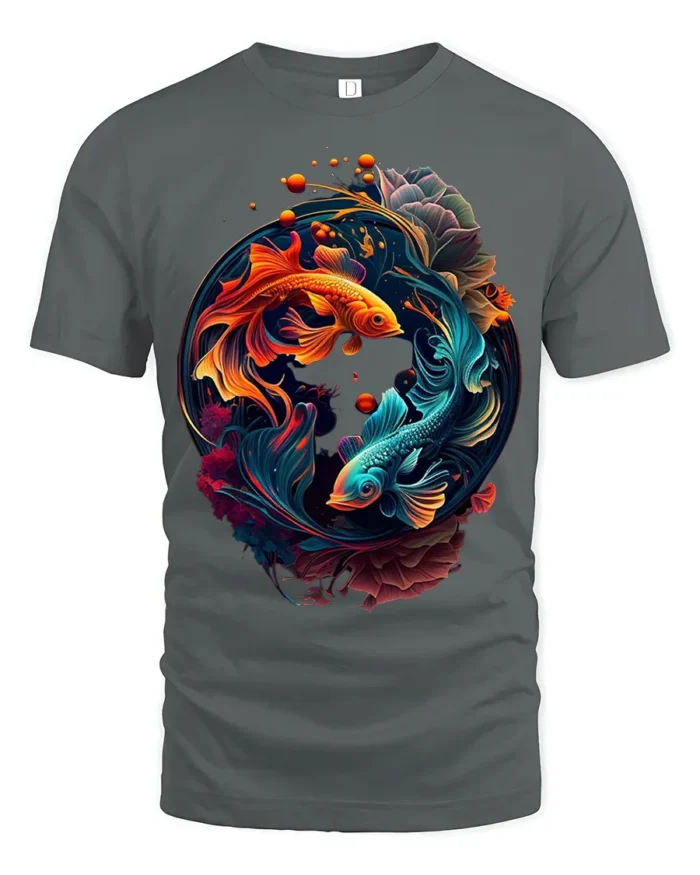 Colorful Yin Yang Fish T-Shirt  Artistic Koi Design Tee for Peace and Balance - gray t-shirt on white background
