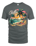 Chillin’ Beach Vibes T-Shirt Retro Palm Tree Sunset Tee for Summer Relaxation - gray t-shirt on white background