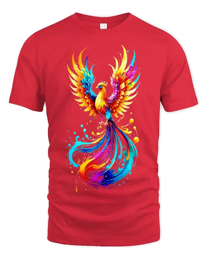 Colorful Phoenix Flame T-Shirt for Men Artistic Firebird Graphic Tee USA - red t-shirt on white background