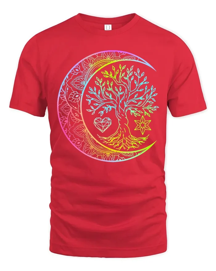 Boho Rainbow Chakra Tree of Life Yoga Zen T-Shirt Celestial Mandala Moon Tee for Free Spirits - red t-shirt on white background
