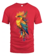 Vibrant Tropical Bird T-Shirt Colorful Artistic Parrot Tee for Nature Lovers - red t-shirt on white background