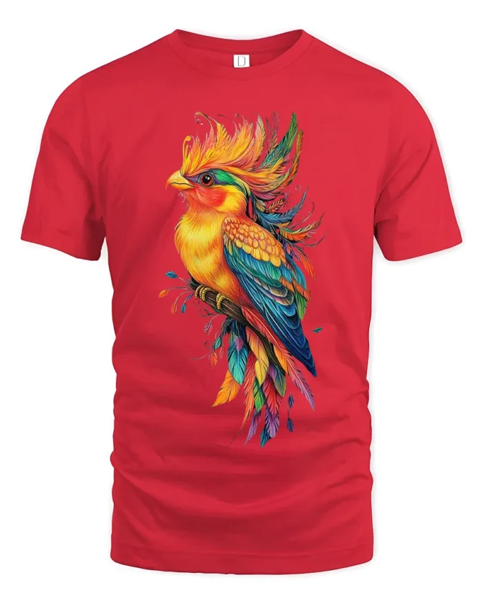 Vibrant Tropical Bird T-Shirt Colorful Artistic Parrot Tee for Nature Lovers - red t-shirt on white background