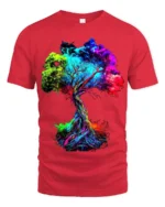 Bold Color Explosion Chakra Tree Of Life Yoga Zen T-Shirt Unique Graphic Tee for Artists and Dreamers - red t-shirt on white background