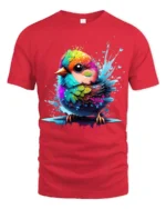Cute Rainbow Bird Colorful Splash Art Tee for Animal and Nature Lovers - red t-shirt on white background