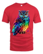 Rainbow Owl T-Shirt Striking Colorful Bird Tee for Animal Art Enthusiasts - red t-shirt on white background