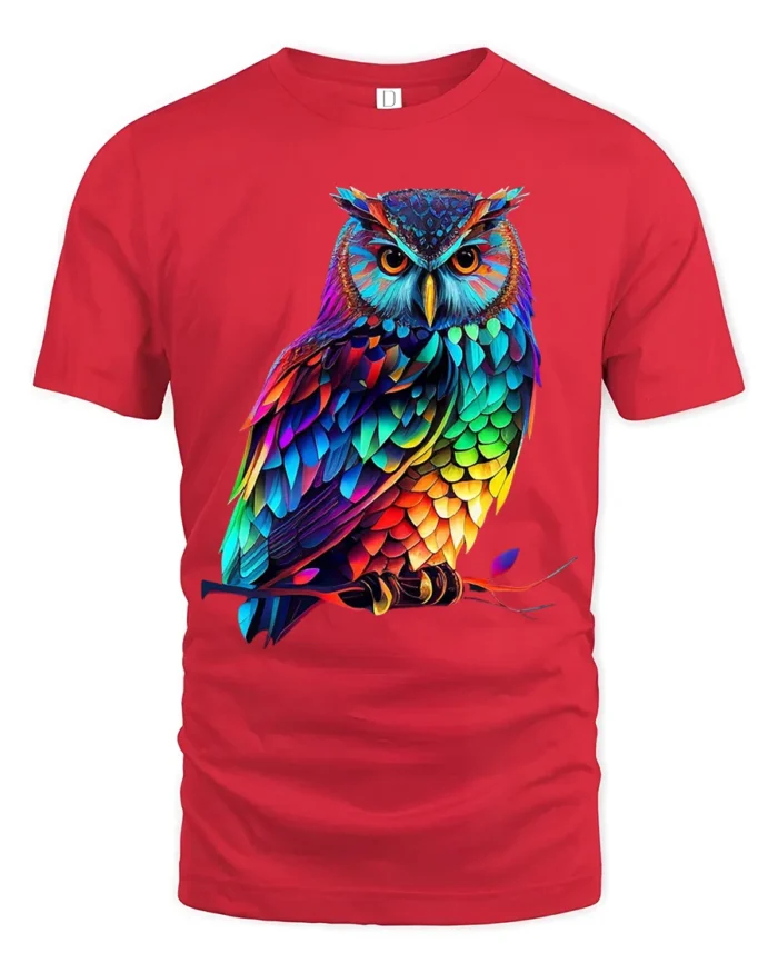 Rainbow Owl T-Shirt Striking Colorful Bird Tee for Animal Art Enthusiasts - red t-shirt on white background