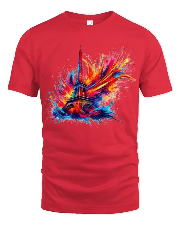Paris Fireworks Art T-Shirt Colorful Eiffel Tower Tee for Travel and Art Lover - red t-shirt on white background