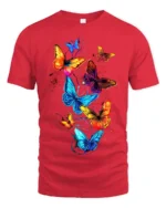 Vivid Rainbow Butterfly T-Shirt Colorful Glow Insect Tee for Nature Lovers - red t-shirt on white background