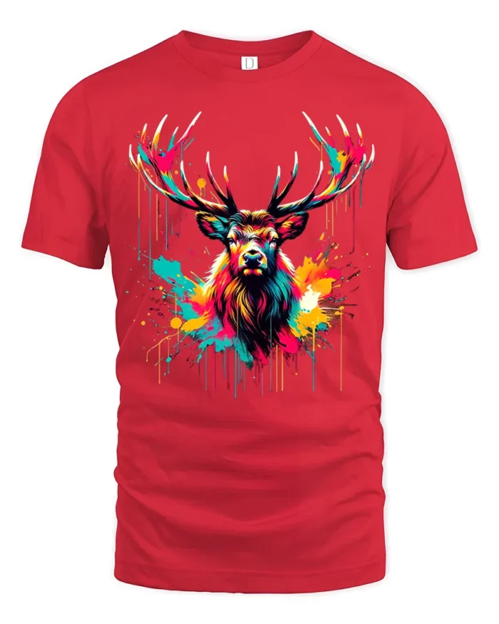 Neon Paint Stag T-Shirt  Vibrant Deer Antler Art Printed Tee - red t-shirt on white background
