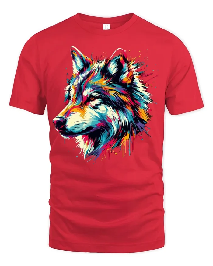Rainbow Wolf Face T-Shirt Vibrant Graphic Tee with Artistic Detail - red t-shirt on white background