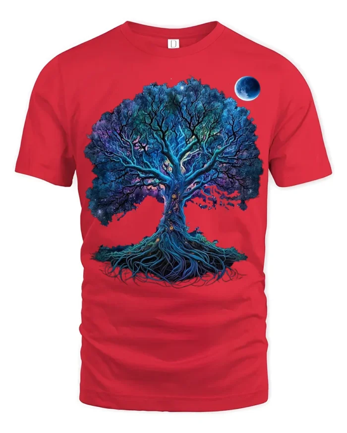 Mystical Chakra Tree of Life Yoga Zen T-Shirt  Night Sky Fantasy Art Tee - red t-shirt on white background