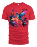 Nature Art Hummingbird T-Shirt Bright Floral Print Tee with Butterflies - red t-shirt on white background