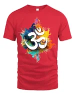 Spiritual Om Symbol T-Shirt Vibrant Color Splash Yoga Zen Tee for Mindfulness - red t-shirt on white background