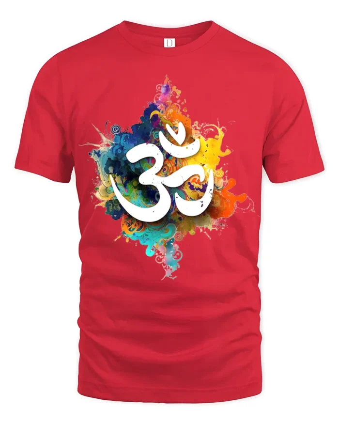 Spiritual Om Symbol T-Shirt Vibrant Color Splash Yoga Zen Tee for Mindfulness - red t-shirt on white background