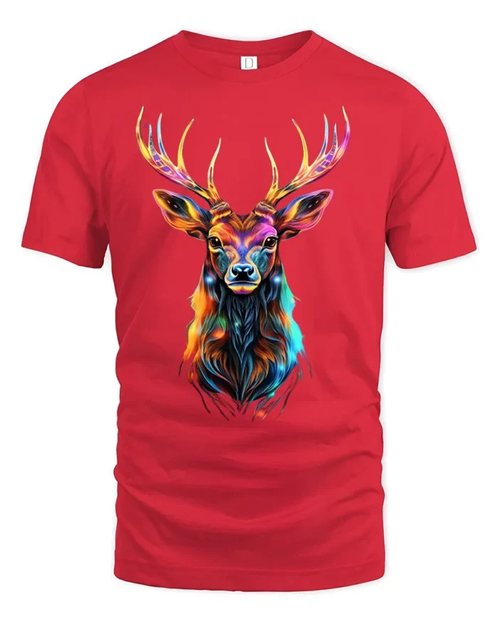 Vibrant Deer Antler T-Shirt Bold Animal Graphic Tee in Bright Rainbow Colors - red t-shirt on white background