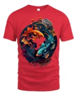 Colorful Yin Yang Fish T-Shirt  Artistic Koi Design Tee for Peace and Balance - red t-shirt on white background