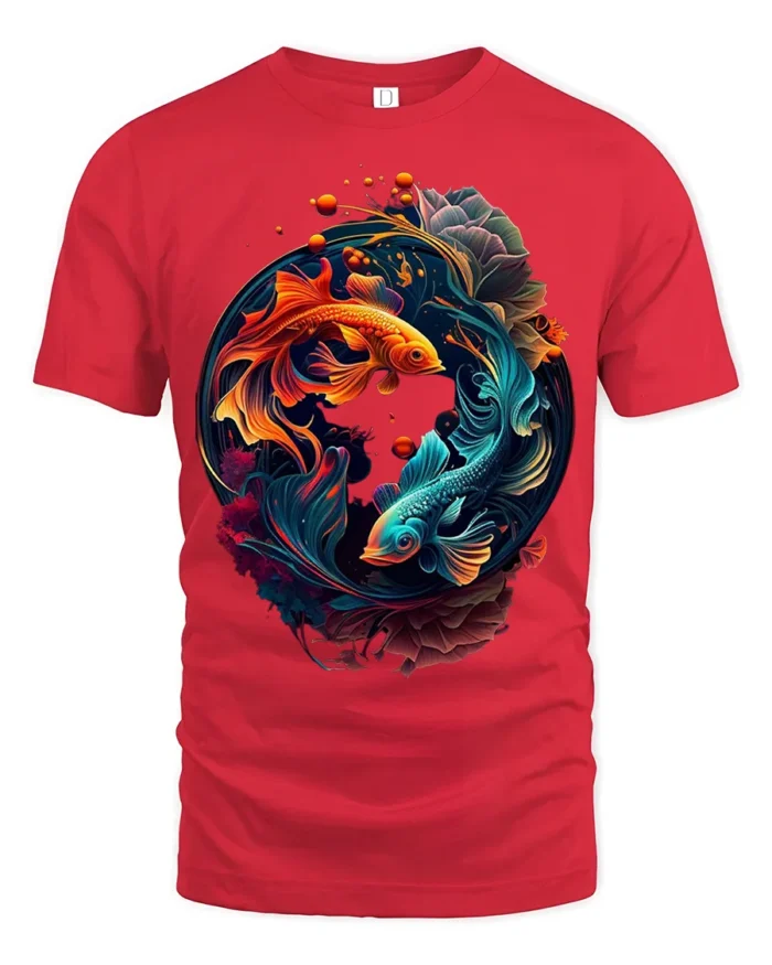 Colorful Yin Yang Fish T-Shirt  Artistic Koi Design Tee for Peace and Balance - red t-shirt on white background