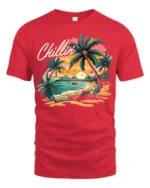 Chillin’ Beach Vibes T-Shirt Retro Palm Tree Sunset Tee for Summer Relaxation - red t-shirt on white background