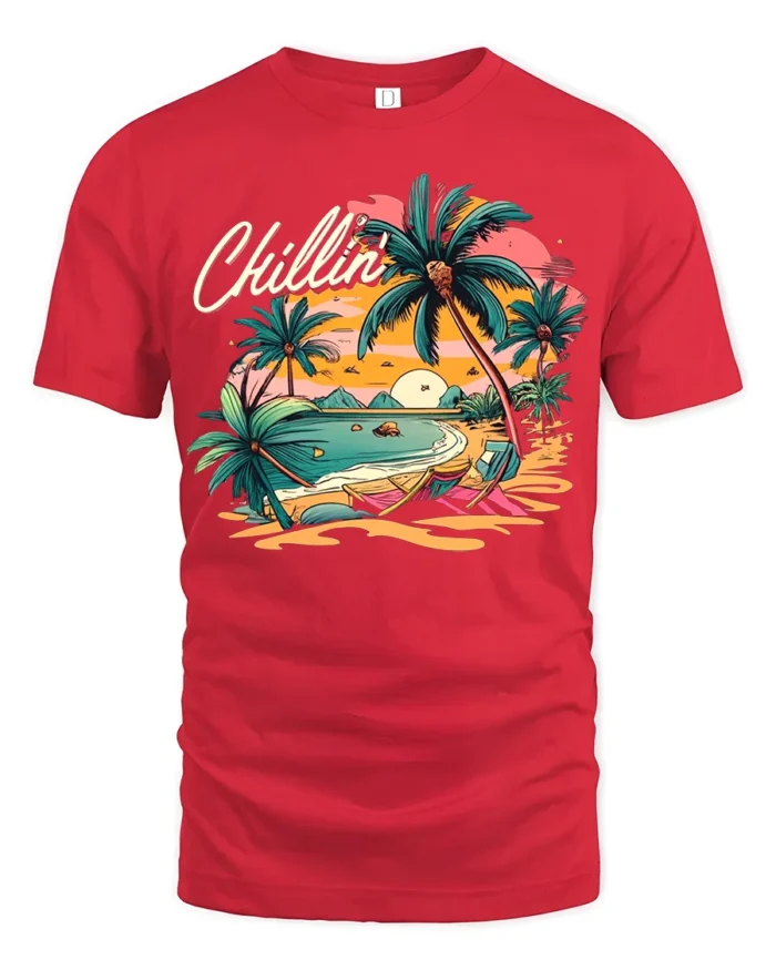 Chillin’ Beach Vibes T-Shirt Retro Palm Tree Sunset Tee for Summer Relaxation - red t-shirt on white background