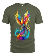 Colorful Phoenix Flame T-Shirt for Men Artistic Firebird Graphic Tee USA - military green t-shirt on white background