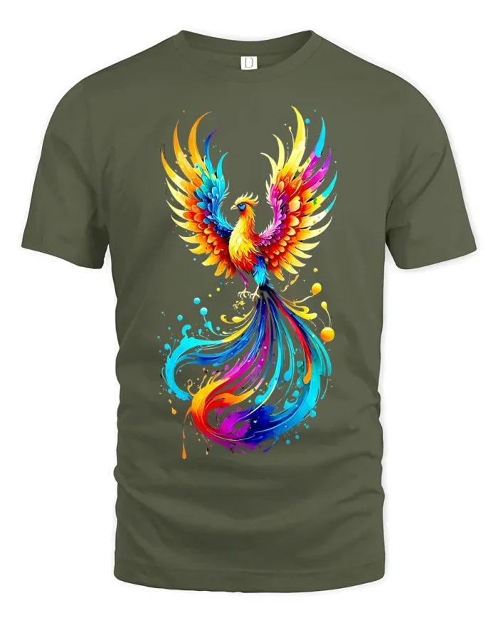 Colorful Phoenix Flame T-Shirt for Men Artistic Firebird Graphic Tee USA - military green t-shirt on white background