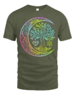 Boho Rainbow Chakra Tree of Life Yoga Zen T-Shirt Celestial Mandala Moon Tee for Free Spirits - military green t-shirt on white background