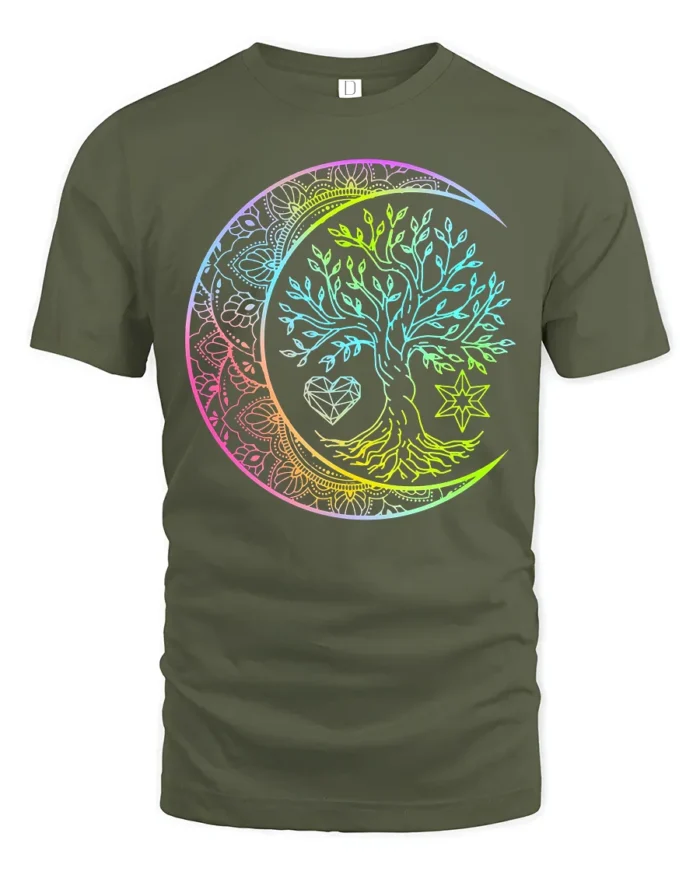 Boho Rainbow Chakra Tree of Life Yoga Zen T-Shirt Celestial Mandala Moon Tee for Free Spirits - military green t-shirt on white background