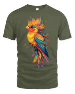 Vibrant Tropical Bird T-Shirt Colorful Artistic Parrot Tee for Nature Lovers - military green t-shirt on white background