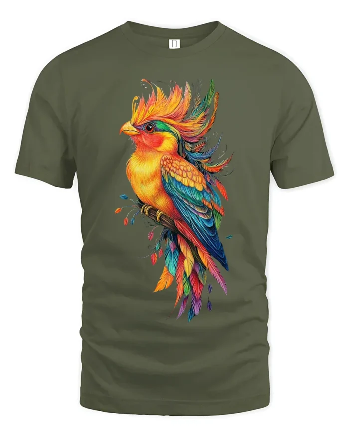 Vibrant Tropical Bird T-Shirt Colorful Artistic Parrot Tee for Nature Lovers - military green t-shirt on white background