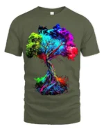 Bold Color Explosion Chakra Tree Of Life Yoga Zen T-Shirt Unique Graphic Tee for Artists and Dreamers - military green t-shirt on white background