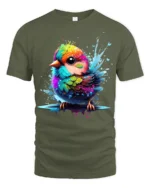 Cute Rainbow Bird Colorful Splash Art Tee for Animal and Nature Lovers - military green t-shirt on white background