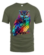Rainbow Owl T-Shirt Striking Colorful Bird Tee for Animal Art Enthusiasts - military green t-shirt on white background