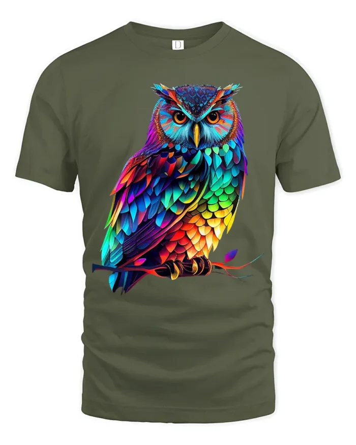 Rainbow Owl T-Shirt Striking Colorful Bird Tee for Animal Art Enthusiasts - military green t-shirt on white background
