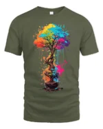 Rainbow Bonsai in a Glass T-Shirt Artistic Nature Tee for Creative Souls - military green t-shirt on white background