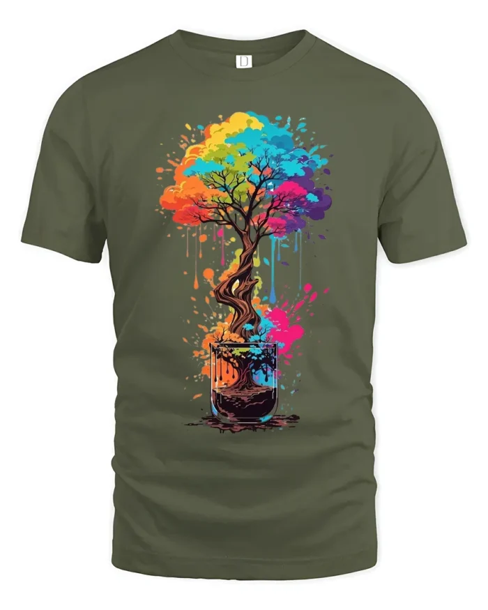 Rainbow Bonsai in a Glass T-Shirt  Artistic Nature Tee for Creative Souls - military green t-shirt on white background