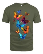 Vivid Rainbow Butterfly T-Shirt Colorful Glow Insect Tee for Nature Lovers - military green t-shirt on white background
