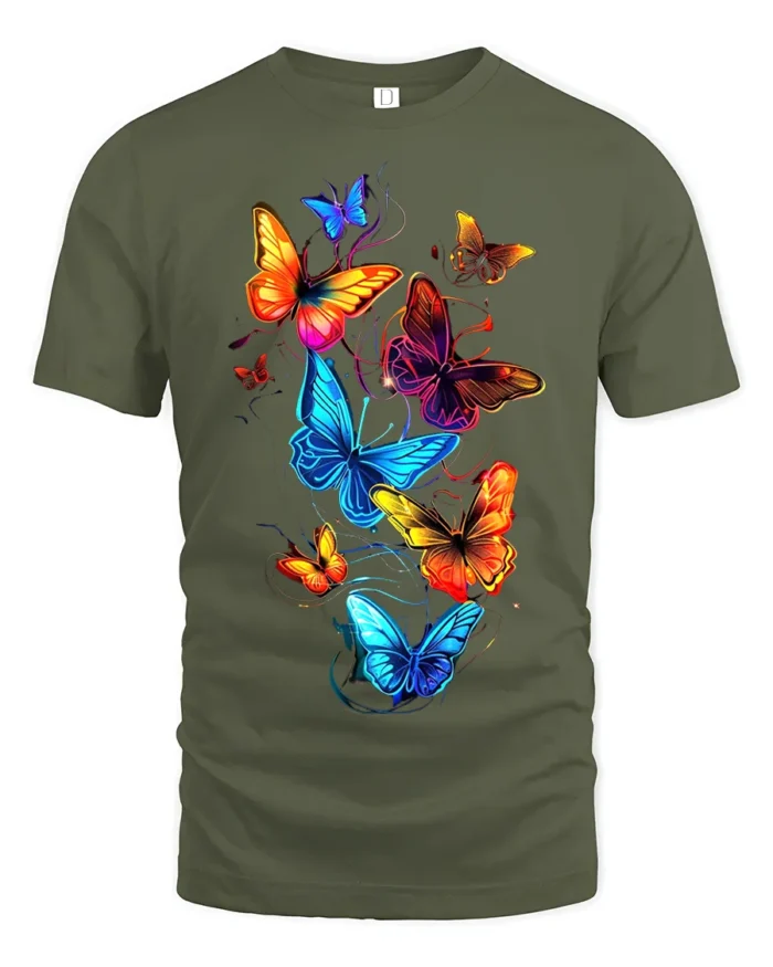 Vivid Rainbow Butterfly T-Shirt Colorful Glow Insect Tee for Nature Lovers - military green t-shirt on white background
