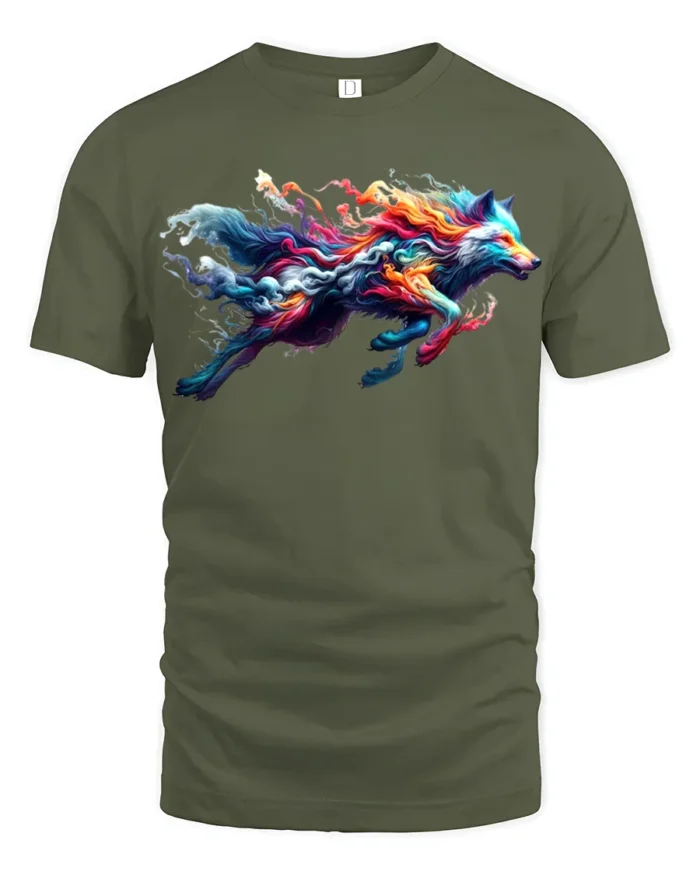 Colorful Wolf T-Shirt for Men Rainbow Spirit Animal Graphic Tee USA Style - military green t-shirt on white background