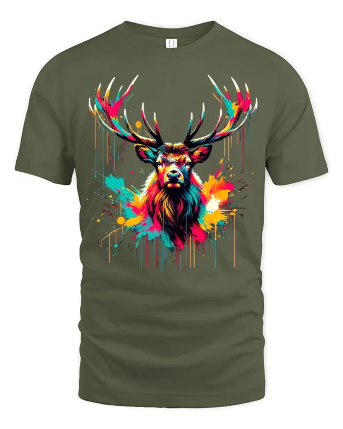 Neon Paint Stag T-Shirt  Vibrant Deer Antler Art Printed Tee - military green t-shirt on white background