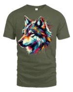 Rainbow Wolf Face T-Shirt Vibrant Graphic Tee with Artistic Detail - military green t-shirt on white background