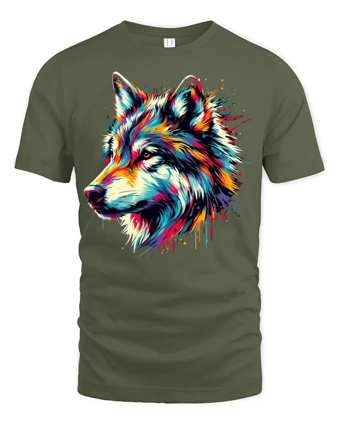 Rainbow Wolf Face T-Shirt Vibrant Graphic Tee with Artistic Detail - military green t-shirt on white background