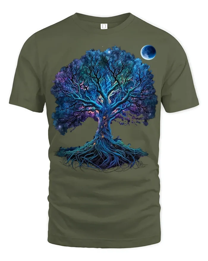 Mystical Chakra Tree of Life Yoga Zen T-Shirt  Night Sky Fantasy Art Tee - military green t-shirt on white background