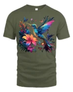 Nature Art Hummingbird T-Shirt Bright Floral Print Tee with Butterflies - military green t-shirt on white background