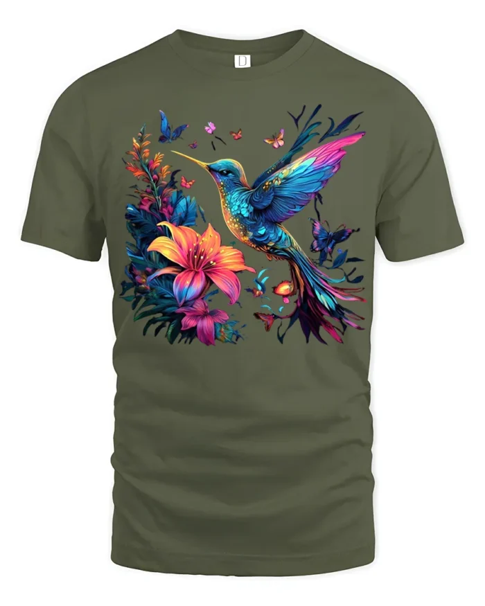 Nature Art Hummingbird T-Shirt Bright Floral Print Tee with Butterflies - military green t-shirt on white background