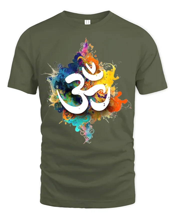 Spiritual Om Symbol T-Shirt Vibrant Color Splash Yoga Zen Tee for Mindfulness - military green t-shirt on white background