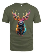Vibrant Deer Antler T-Shirt Bold Animal Graphic Tee in Bright Rainbow Colors - military green t-shirt on white background